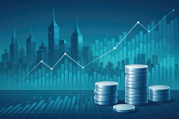 Poster - Futuristic urban financial growth with stacked coins and city skyline finance