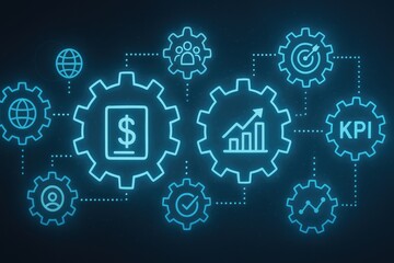 Poster - Glowing Financial Gears Network With Icons finance business