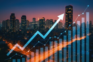 Poster - Illuminated city skyline with upward trending financial graph cityscape night
