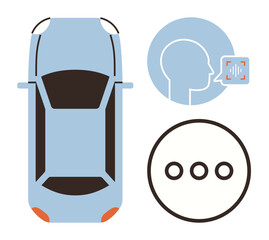 Poster - Overhead view of a car alongside voice recognition symbol and a chat bubble. Ideal for automotive innovation, AI, voice control, future tech, connectivity, communication, simple flat metaphor