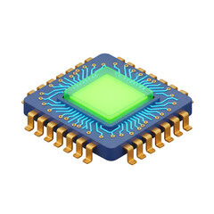 Poster - Isometric representation of a computer microchip isolated on transparent background featuring gold pins a turquoise circuit and a central green illuminated element
