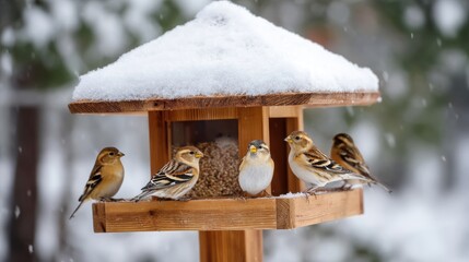 Wall Mural - Small birds gather on a snow-covered wooden bird feeder in a wintery setting, surrounded by a blurred snowy background.