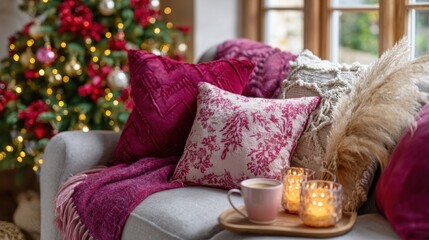 Wall Mural - Cozy living room with festive decor, featuring red and beige cushions, a warm throw, lit candles, and a decorated Christmas tree in the background.