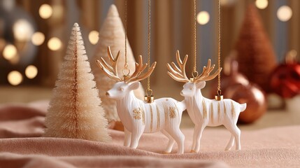 Wall Mural - Elegant white reindeer ornaments with gold antlers hang amidst soft holiday decor, featuring miniature Christmas trees and warm bokeh lights.