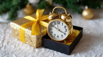 Wall Mural - Gold clock in an open gift box with a yellow ribbon on a white background, daylight.