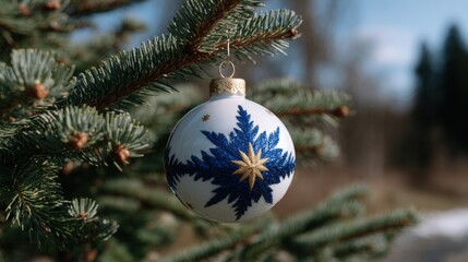 Wall Mural - a festive christmas ornament with blue and gold snowflake design hangs on a pine tree branch against