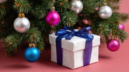 Wall Mural - A festive Christmas scene featuring a decorated tree with colorful ornaments and a white gift box wrapped with a blue ribbon on a pink background.