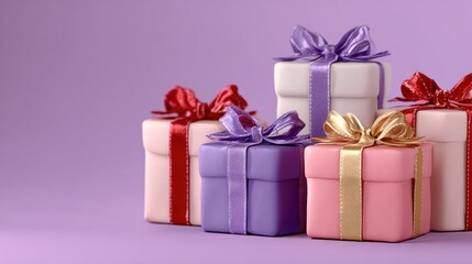 Wall Mural - A collection of colorful gift boxes with shiny ribbons arranged against a purple background, perfect for celebrations and special occasions.