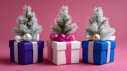 Wall Mural - Three festive gift boxes with small frosted Christmas trees and colorful ornaments on a pink background.