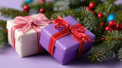 Wall Mural - Two beautifully wrapped gifts with red ribbons, surrounded by pine branches and colorful ornaments on a purple background.
