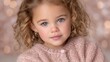 © Diffin - Portrait of a young girl with curly hair and blue eyes, wearing a pink sweater, set against a soft, blurred background with warm tones.