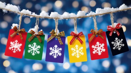 Wall Mural - Colorful gift tags with snowflakes and bows hang on a snow-covered string against a festive, blurred blue background with bokeh lights.