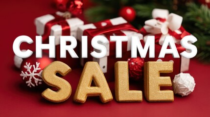 Wall Mural - Festive Christmas sale banner with red and gold gifts, snowflakes, and decorative text on a red background.