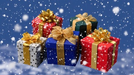 Wall Mural - Colorful gift boxes with golden bows in falling snow against a blue background, creating a festive holiday atmosphere.