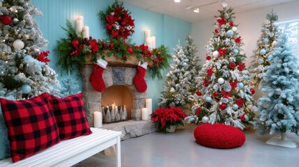 Wall Mural - Cozy holiday room with decorated Christmas trees, a stone fireplace, and festive red and white accents, creating a warm, inviting atmosphere.