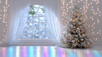 Wall Mural - A snow-covered Christmas tree with glowing lights stands by a large arched window, surrounded by sheer curtains and twinkling fairy lights in a serene room.