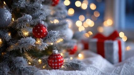 Wall Mural - Festive Christmas scene with a decorated tree, red ornaments, and glowing lights, accompanied by a wrapped gift in a snowy setting.