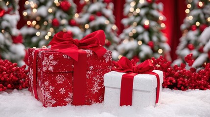 Wall Mural - Festive red and white gift boxes with bows sit in snowy setting, surrounded by decorated Christmas trees and red berries.