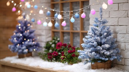 Wall Mural - Festive scene with snowy blue Christmas trees, colorful string lights, and vibrant flowers against a brick wall, evoking a cozy holiday atmosphere.
