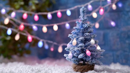 Wall Mural - A small, snow-covered Christmas tree adorned with colorful lights stands on a snowy surface, with vibrant string lights in the background.