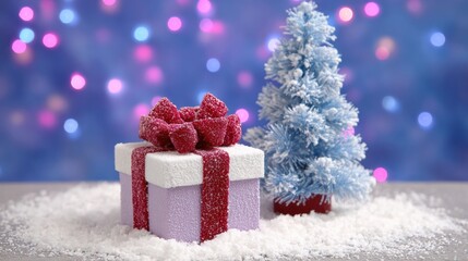 Wall Mural - Festive scene with a snow-covered gift box and a frosted mini Christmas tree against a blurred background of colorful lights.