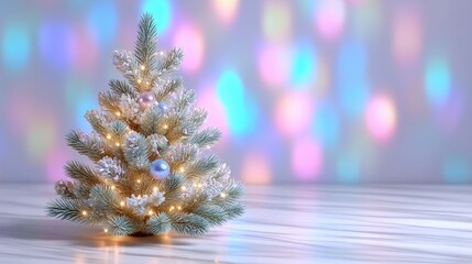 Wall Mural - A decorated Christmas tree with lights and ornaments on a marble surface, set against a colorful bokeh background.