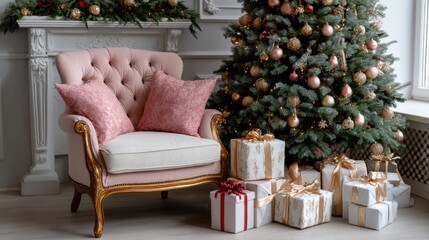 Wall Mural - Elegant Christmas scene with a decorated tree, pink armchair, and wrapped gifts, creating a festive and cozy atmosphere.