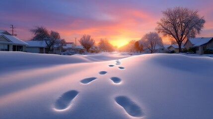 Poster - Snow-covered suburban street at sunrise, with footprints leading through the fresh snow and trees glistening in the morning light.