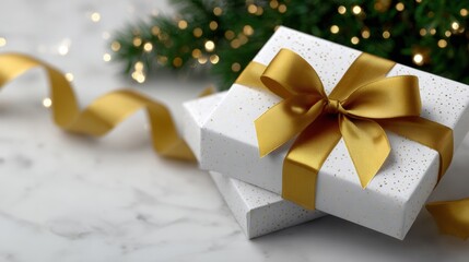 Wall Mural - Elegant gift boxes with golden ribbons on a marble surface, with blurred festive lights and green branches in the background.