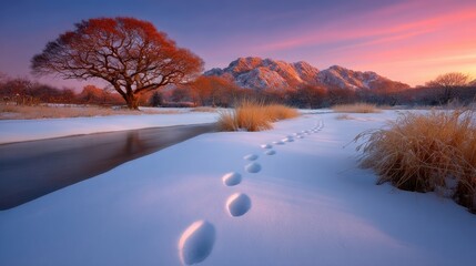 Poster - Snow-covered landscape with footprints leading to a lone tree beside a river, under a colorful sunset sky and mountains in the background.