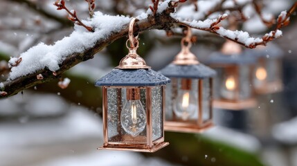 Wall Mural - Lanterns hang from a snow-covered branch, illuminating a winter scene with warm light and creating a cozy, festive atmosphere.