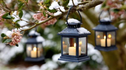 Wall Mural - Three lanterns with lit candles hang from a snow-covered tree branch, surrounded by pink blossoms, creating a cozy winter ambiance.