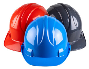 Wall Mural -  Set of Three Shiny Reflective Hardhats in Blue, Yellow, and Red Isolated on Transparent Background PNG