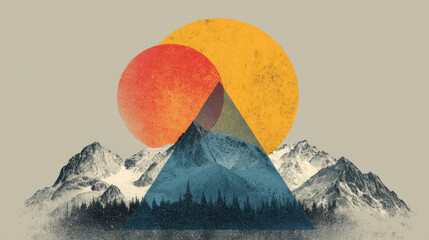 Poster - Mountains, Forest, and Sun: Geometric Abstract Landscape
