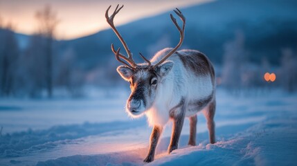 Wall Mural - A reindeer stands in a snowy landscape at sunset, with warm light illuminating its fur and antlers, creating a serene winter scene.