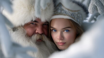 Wall Mural - A bearded man and a woman in winter attire, framed by snow-covered branches, gaze warmly into the camera.