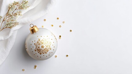 Wall Mural - elegant christmas ornament with gold snowflake design on white background, surrounded by delicate fo