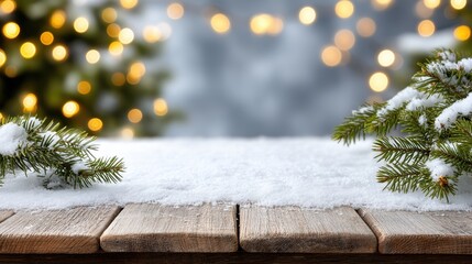 Wall Mural - Snow-covered wooden table with pine branches and blurred festive lights in the background, creating a cozy winter atmosphere.