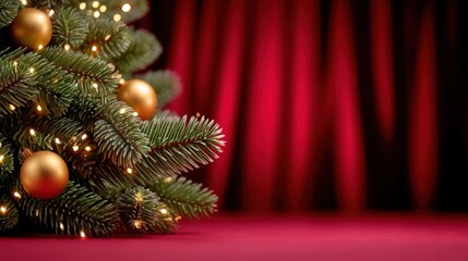 Wall Mural - Close-up of a Christmas tree with golden ornaments and lights against a red curtain background, creating a festive holiday atmosphere.
