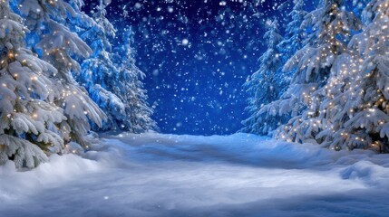 Wall Mural - Snow-covered trees adorned with lights under a starry night sky, creating a serene winter wonderland scene.