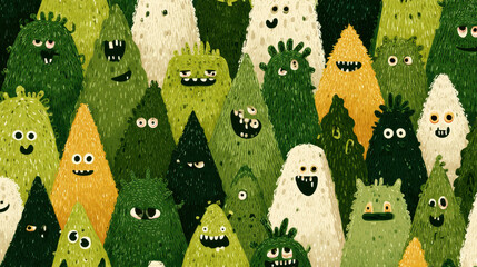 Poster - Green Cartoon Monsters Illustration: Cute and Funny Background
