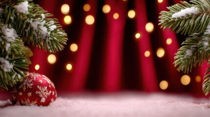 Wall Mural - Festive Christmas scene with snow-covered pine branches and a red ornament against a backdrop of warm, glowing lights.