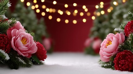 Wall Mural - Festive red and pink flowers with evergreen branches and snow, set against a blurred background with warm bokeh lights.