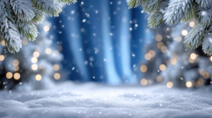 Wall Mural - Snowy evergreen branches with a blurred winter background and soft bokeh lights create a serene, festive atmosphere.
