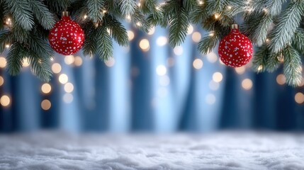 Wall Mural - festive evergreen branches with red ornaments and twinkling lights, set against a blurred snowy back