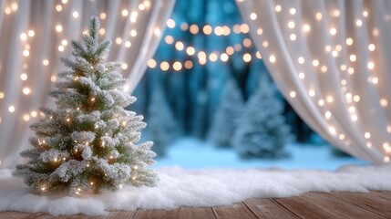 Wall Mural - A snow-covered Christmas tree adorned with lights stands on a wooden floor, framed by curtains and twinkling bokeh lights in a wintery outdoor setting.