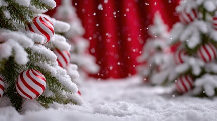 Wall Mural - Snow-covered Christmas trees adorned with red and white ornaments against a red background, creating a festive winter scene.