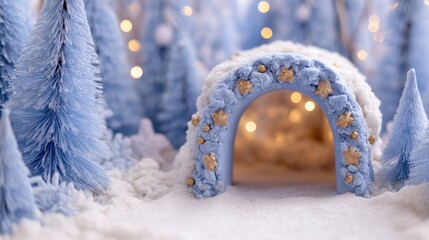 Wall Mural - A whimsical winter scene with blue frosted trees and a snow-covered arch adorned with stars, glowing warmly with soft, golden lights.
