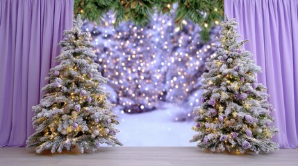 Wall Mural - Two snow-dusted Christmas trees with purple and gold decorations stand in front of lilac curtains, sparkling lights and blurred background create a festive atmosphere.