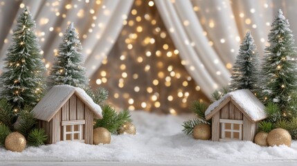 Wall Mural - Miniature snowy village scene with wooden houses, fir trees, and golden ornaments, set against a backdrop of warm bokeh lights.